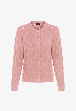 Roosa kootud kardigan, millel on ümmargune kaelus, nööpidega kinnitamist ja tekstuuriga muster avatud detailide ning pikkade varrukatega. Ribakudumiga mansetid.