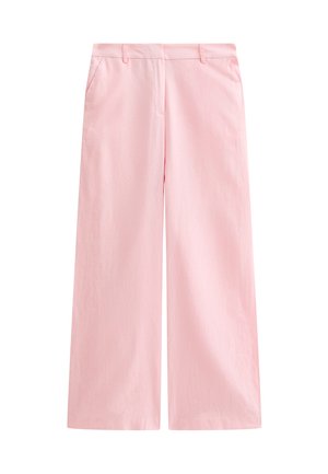 Pantaloni a gamba larga in morbido tessuto rosa, con una vita elegante, parte anteriore liscia e due tasche laterali. Tessuto dalla consistenza liscia.