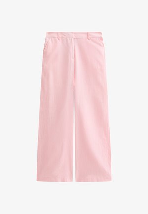 Hose mit weitem Bein aus weichem, pinkem Stoff, mit einem eleganten Bund, flacher Vorderseite und zwei Seitentaschen. Glatte Textur.