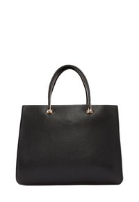 Sac tote en cuir noir avec une forme structurée, doté de deux poignées supérieures et d'accents en métal doré. Texture lisse sans motifs visibles.