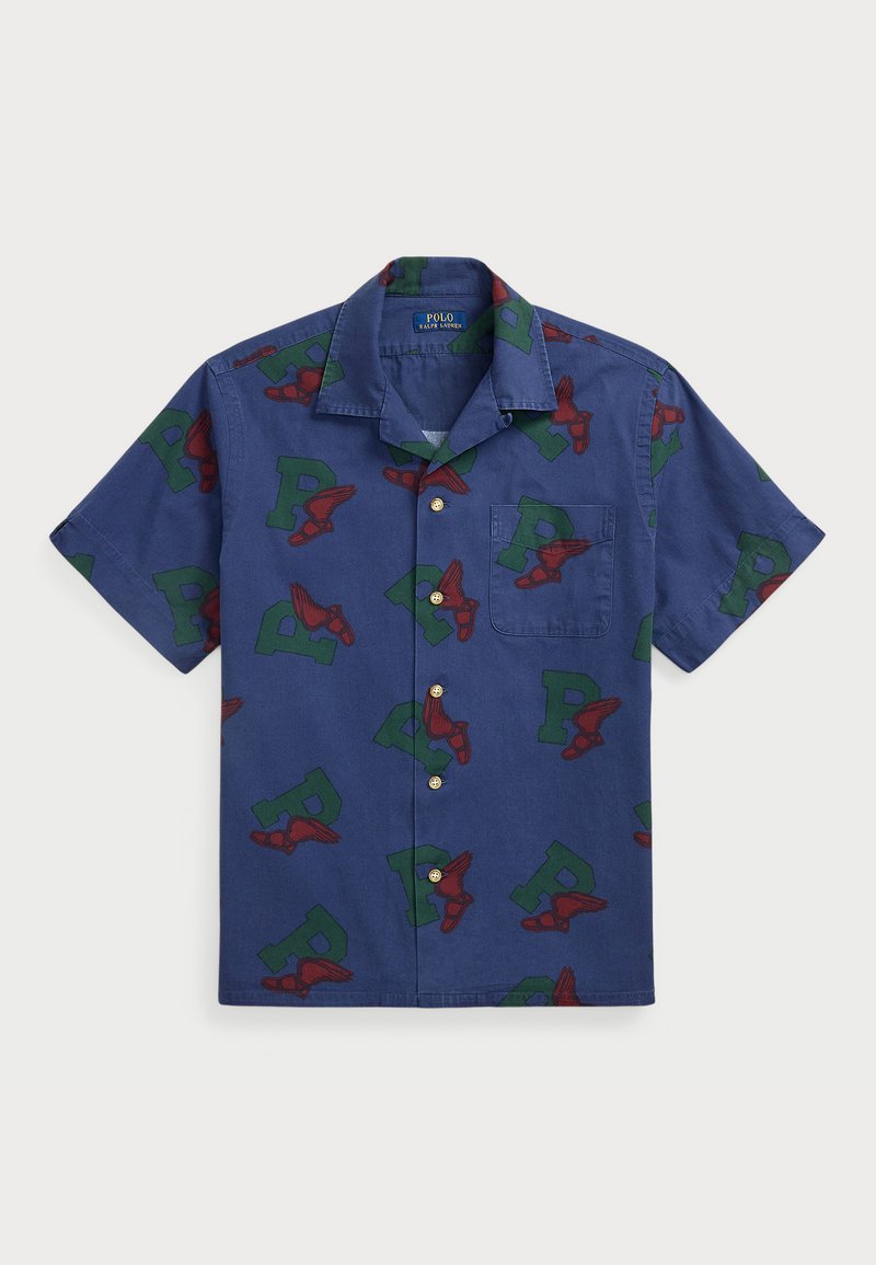 Korte mouw button-up shirt van navyblauw katoen, met een herhaald rood en groen vleugelachtig "P"-motief en een borstzak.