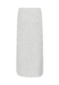 Ribbat grå trikåkjol med en rak silhuett, mjuk textur och medellång skärning, med en ren fåll och elastisk midja.