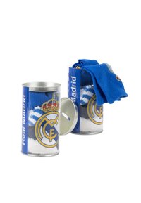 Calze blu e bianche confezionate in un contenitore cilindrico con il logo del Real Madrid e un design con corona, dotato di un coperchio in metallo.