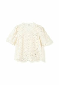 Λευκό κοντομάνικο μπλουζάκι με κέντημα eyelet, κυματιστό τελείωμα και φουσκωτούς ώμους, απλωμένο σε λευκό φόντο.