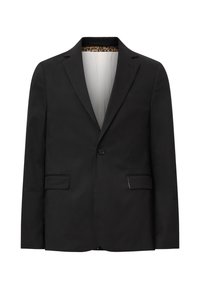Svart blazer med snedskärning, enkel knappstängning, två framfickor och leopardmönstrad foder. Slät tyg med klassisk passform.
