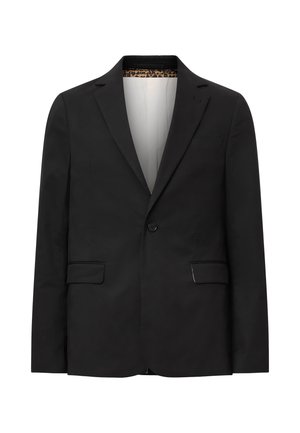 Zwarte blazer met een geklede revers, één knoopsluiting, twee voorzakken en een luipaardprint voering. Glad materiaal met een klassieke snit.