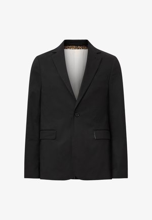 Zwarte blazer met een geklede revers, één knoopsluiting, twee voorzakken en een luipaardprint voering. Glad materiaal met een klassieke snit.