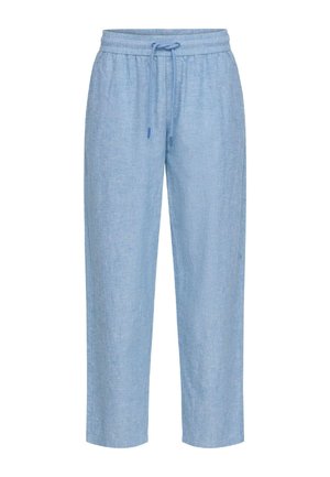 Pantalon en lin bleu clair avec taille élastique et cordon de serrage, coupe droite, style décontracté.
