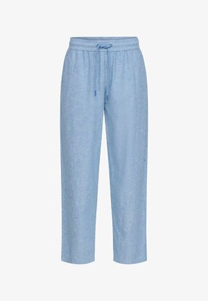 Hellblaue Leinenhose mit elastischem Bund und Kordelzug, gerade geschnitten, lässiger Stil.