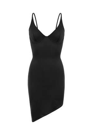 Schwarzes, tailliertes Kleid, Spaghettiträger, glatte Textur, strukturierte Cups, asymmetrischer Saum und keine sichtbaren Verschlüsse oder Muster.