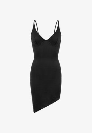 Schwarzes, tailliertes Kleid, Spaghettiträger, glatte Textur, strukturierte Cups, asymmetrischer Saum und keine sichtbaren Verschlüsse oder Muster.