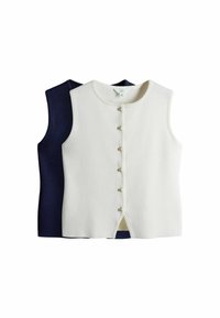 Dva tielka, jedno biele a jedno námornícka modrá, s okrúhlym výstrihom a radom perlových gombíkov vpredu. Hladká textúra, neformálny dizajn.