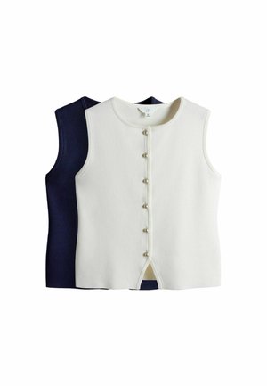 Divi bezrokas topi, viens balts un otrs tumši zils, ar apaļu izgriezumu un rindā sakārtotām pērlīšu pogām priekšpusē. Gluda tekstūra, ikdienišķs dizains.