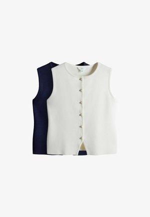 Kaks varrukateta pluusi, üks valge ja teine tumesinine, ümar kaelus ning eest alla ulatuv pärlikujuliste nööbitena rida. Sujuv tekstuur, vabaajaliselt disainitud.