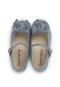 Gray fabric ballet flats with a large bow on the toe, adjustable strap, and tan interior featuring "Pisanonas" branding.