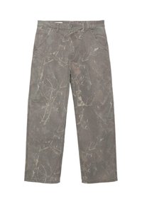 Szürke, bőszárú nadrág finom, absztrakt ágmintával, elülső zsebekkel, övbújtatókkal és patentzáras rögzítéssel.