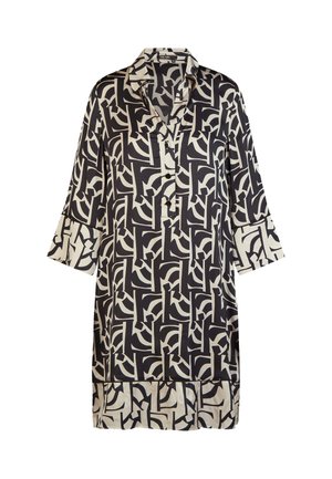 Schwarzes und beiges, abstrakt gemustertes, langärmliges Hemdblusenkleid mit Kragen, durchgeknöpfter Blende und weiten Manschetten.