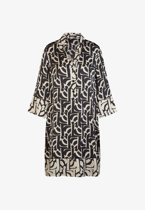 Schwarzes und beiges, abstrakt gemustertes, langärmliges Hemdblusenkleid mit Kragen, durchgeknöpfter Blende und weiten Manschetten.