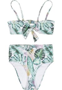 Grön och vit bikiniuppsättning med knytband fram och högmidjade trosor, med ett tropiskt bladmönster i olika nyanser av grönt och rosa.