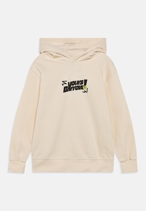 Felpa con cappuccio beige chiaro con una stampa grafica nera che presenta il testo "Yours! Barrow!" e un dettaglio di faccina sorridente gialla. Tessuto morbido.