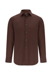 Rudos ilgomis rankovėmis marškiniai, pagaminti iš lygaus audinio, su mygtukais priekyje, smailiais atvartais ir mygtukais ant rankoves. Puošia keli tamsūs mygtukai.