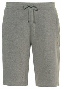 Shorts de sport gris en tissu doux. Dotés d'une taille élastique avec cordon de serrage, de poches latérales et d'un détail logo sur la jambe.