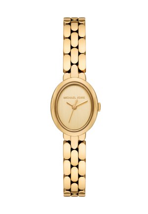Gold Michael Kors women's wristwatch with an oval face, minimalist dial, and linked bracelet strap.