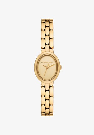 Gouden Michael Kors damespolshorloge met een ovalen wijzerplaat, minimalistische wijzerplaat en gekoppelde schakelarmband.