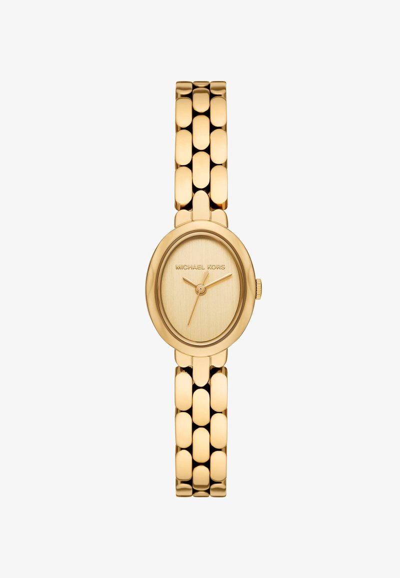Montre-bracelet pour femmes Michael Kors en or avec cadran ovale, cadran minimaliste et bracelet à maillons.