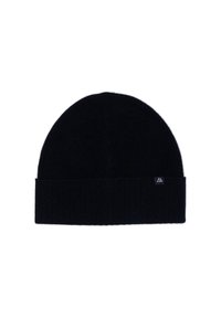 Bonnet en tricot noir avec un revers côtelé et une petite étiquette de logo. Texture douce, forme de sommet arrondi, offrant une couverture complète pour la chaleur.