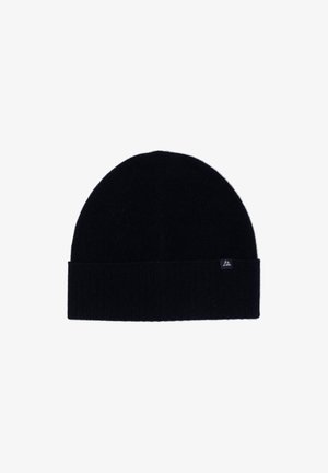 Berretto lavorato a maglia nero con risvolto a coste e una piccola etichetta con logo. Texture morbida, forma arrotondata nella parte superiore, che offre copertura completa per il calore.