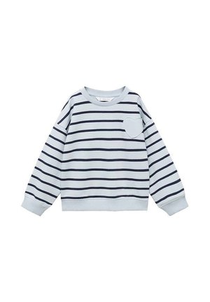Lyseblå sweatshirt med marineblå vandrette striber. Har en hjerteformet lomme. Lavet af blødt materiale med ribbede manchetter og kant.