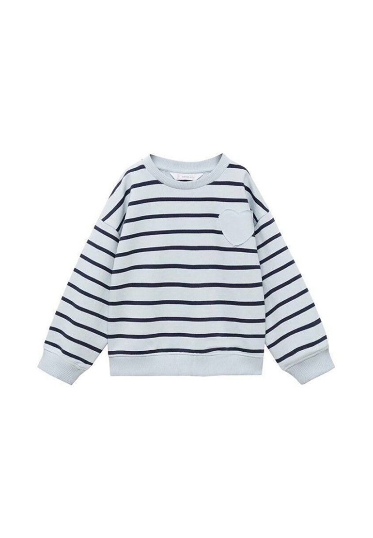 Felpa azzurra con strisce orizzontali blu navy. Presenta una tasca a forma di cuore. Realizzata in materiale morbido con polsini e orlo a coste.