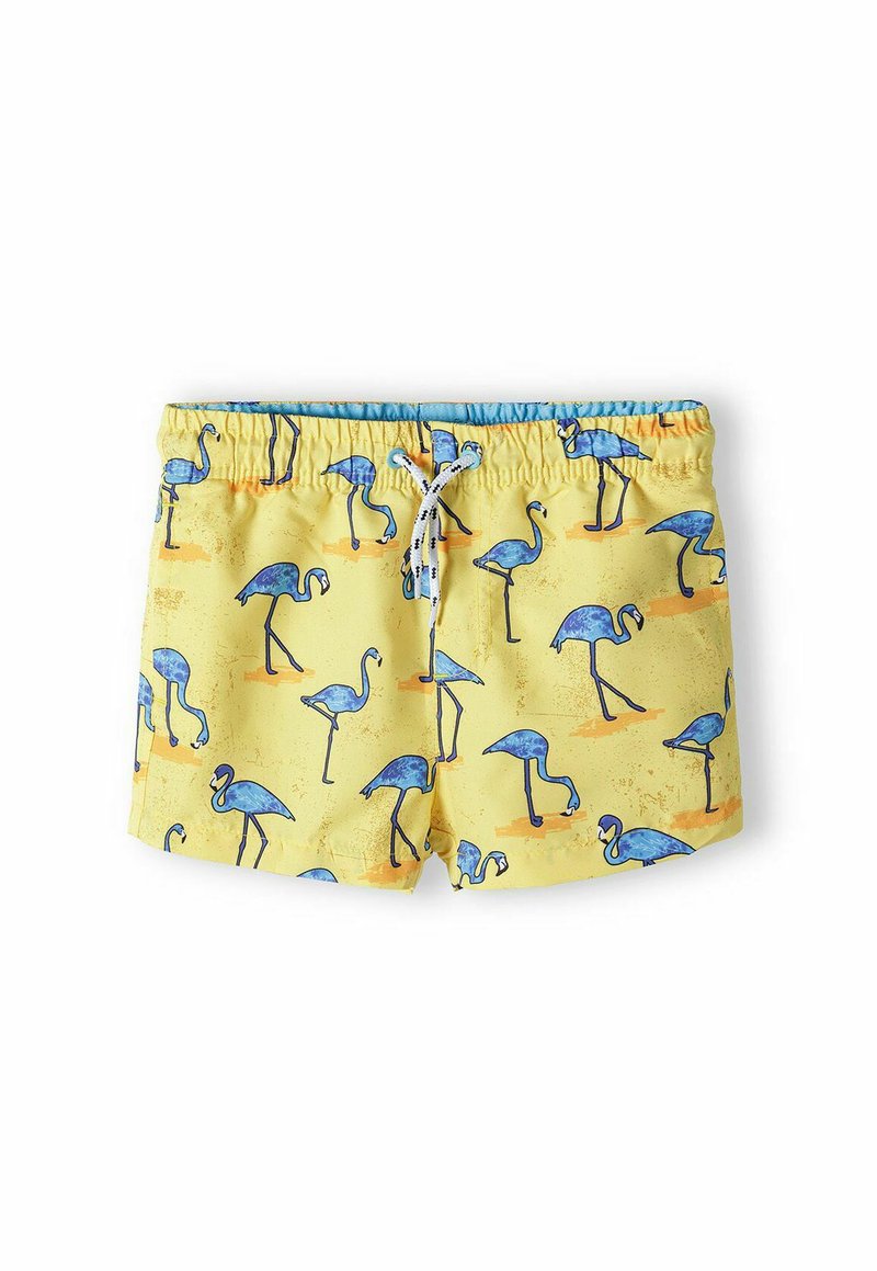 Geltoni maudymosi šortai su mėlynu flamingo raštu, elastinga juostos su raišteliu ir lygus paviršius.