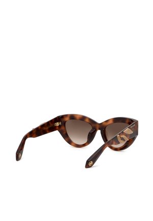 Lunettes de soleil œil-de-chat en écaille avec verres marron dégradés et détails dorés du logo sur les branches.
