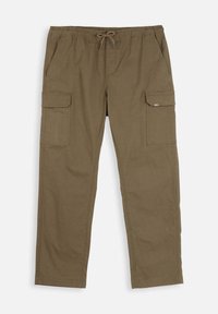 Pantalons cargo vert olive en coton avec une taille élastique, cordon de serrage et deux poches latérales, comportant deux poches cargo sur les cuisses.