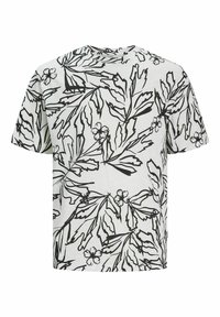 Hvid t-shirt med korte ærmer, der har et sort blomster- og bladmønster, lavet af letvægtsstof med rund hals og afslappet pasform.