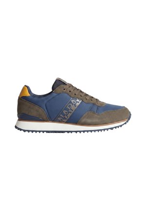 Blue and brown low-top sneaker with laces, white sole, and yellow heel accent, branded with "NAPAPI" on the side panel.