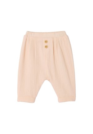 Beige baby pants with elastic waistband, crinkled fabric texture, two wooden buttons on front, and cuffed hems.