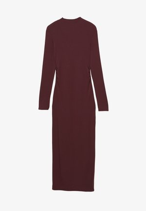 Langärmliges, mauvefarbenes Kleid mit taillierter Form und gerafften Seitendetails. Aus dehnbarem Stoff gefertigt, reicht es bis zur Wadenmitte.