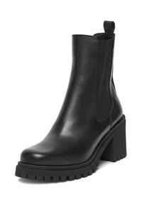 Czarny skórzany botek za kostkę z masywnym obcasem typu blok, elastycznymi panelami po bokach oraz teksturowaną podeszwą zapewniającą przyczepność. Gładkie wykończenie z detalem w postaci pętli do łatwego zakładania.