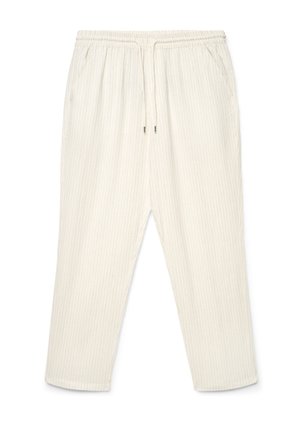 Pantaloni color avorio a righe sottili con vita elastica e coulisse, dotati di tasche laterali e vestibilità comoda.