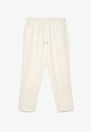 Pantaloni color avorio a righe sottili con vita elastica e coulisse, dotati di tasche laterali e vestibilità comoda.