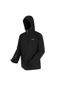 Veste imperméable noire avec capuche, fermeture éclair intégrale à l'avant et manches longues, présentée sur un fond blanc.
