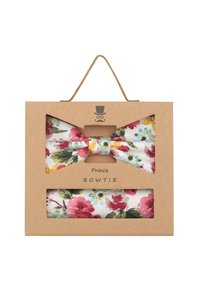 Florale Fliege-Set in einer Pappschachtel. Die Fliege zeigt pinke, rote und blaue Blumen auf einem weißen Hintergrund und enthält ein passendes Einstecktuch.