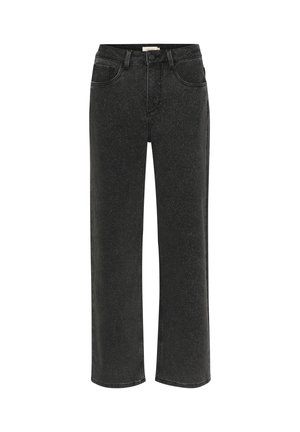 Jeans in denim nero con design a gamba dritta, caratterizzati da una texture liscia, dettagli di cucitura visibili e chiusura con zip a bottone.