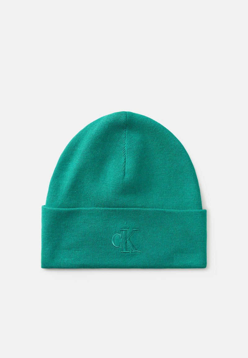 Green knit beanie with a folded cuff, featuring an embroidered logo in a matching shade. Soft texture, and a simple, classic design.
