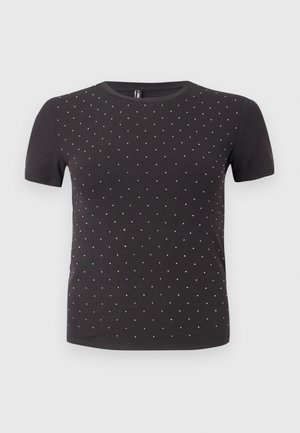 T-shirt noir à manches courtes en tissu côtelé, avec un motif de petits embellissements brillants répartis uniformément sur le devant.