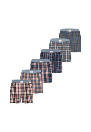 Sechs Paar Herren karierten Boxershorts in verschiedenen Farbmuster diagonal angeordnet mit hellblauen elastischen Bündchen.