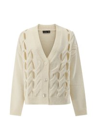 Ecru-farbenes, gestricktes Cardigan mit V-Ausschnitt, das ein strukturiertes Zopfmuster und vier Knöpfe auf der Vorderseite aufweist. Weicher, kuscheliger Stoff.
